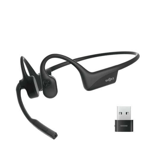 SHOKZ OPENCOMM2 UC WITH USB-A DONGLE COSMIC BLACK BLUETOOTH STEREO HEADSET NOISE CANCELLING BOOM MIC WITH MUTE BUTTON – BONE CONDUCTION – ZOOM CERTIFIED